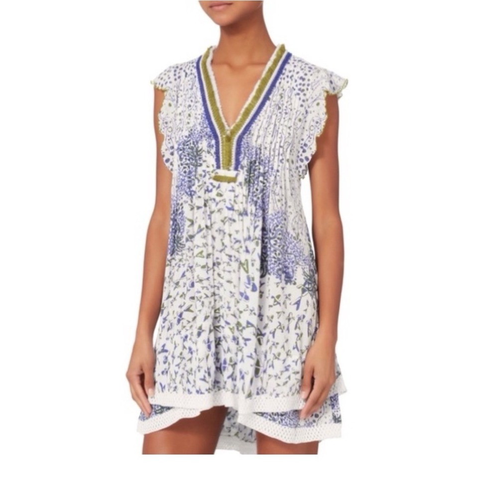 Poupette St Barth Sasha Green White Fish Batik Rombo Dress Medium Coastal Chic - Picture 6 of 13